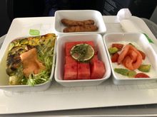 Chicken Sausage (top), Zucchini Frittata (left), Watermelon (middle) and Smoked Salmon (right)
