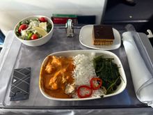 LAX MSP Gate upgrade. Choices were beef, chicken salad? Or pasta. I said chicken and FA brought chicken curry, thinking I got someone’s pre order by mistake. It was good although the rice was a little too moist