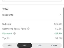 Ordering interface - "discounts" button shown (required to get 20% MileagePlus Visa primary cardholder discount