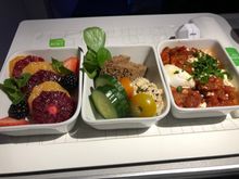 My 3 of 5 Delish Dishes:  Fresh Fruit, Salmon Salad, Eggplant Shakshuka.