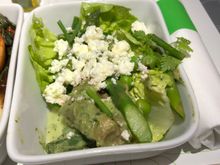Green Goddess Salad: baby greens, asparagus, green beans, English peas, cucumber, avocado, feta.  OK, but skip the baby greens b/c they just turn to sludge with the dressing.  Stick to more sturdy veg and this can work.