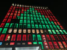If it weren’t for a few panes that were shut off, the whole facade would be a Christmas tree 