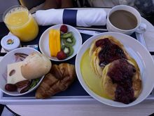 Breakfast. Chose the blueberry pancakes. Not delicious, but pretty good.