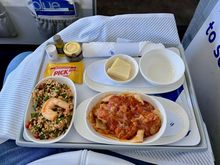 Bulgur salad with shrimp, chicken ragu with pappardelle and cheeses.