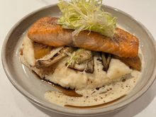 The grilled salmon. Very generous portion. Cooked well and nice complex and balanced flavours across the dish. 