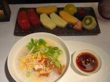 The crew noticed I was quite sleepy and kindly served the starter and main together. 

Fruit platter and king crab congee