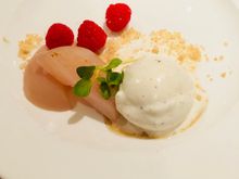 Poached white peach and honey black pepper ice cream in the Concorde Room at Kennedy - de-lish.