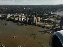 The London Cable Car Experience, a 1 kilometre long, 90 metre high cable car that links Greenwich Peninsula to The Royal Docks 