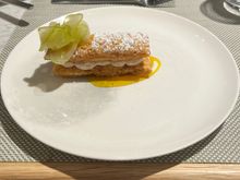 Raspberry cream millefeuille with pickled apple and caramel