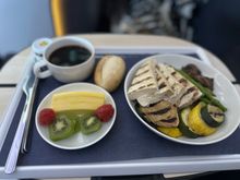 VGML - dinner of grilled tofu, grilled veggies, a roll, and some fruit