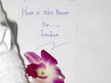 Note with our turndown towel origami: "To... Have a nice dream. By... Turndown"