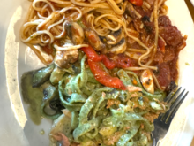 I had two pastas-- One was tomato based mild Italian sausage linguine. And the other is a spinach fettuccine with smoked salmon, peppers and chicken. :)   