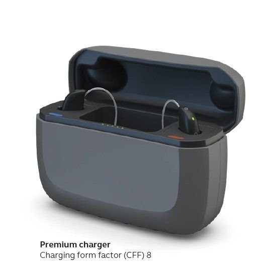 Charger has enough battery capacity to recharge hearing aids 3 times.  It has USB-C input plug on back to recharge the batteries.