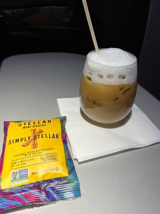 Iced cappuccino and pretzels from the pantry