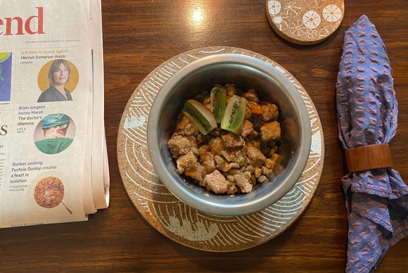 Missing all the authentic cutlery and china but think “vegan spirit” in FIRST captured.

Actually, when my husband served this up he was a little embarrassed and said he had done the best he could. He had also asked downstairs neighbours if they had any other options but they were all out. 
