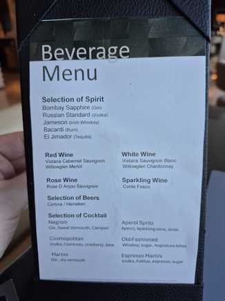 Club lounge drinks menu