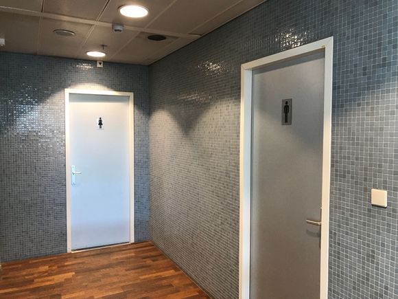Past the toilets, 
The lounge has no toilets so these will be the ones you'll be using