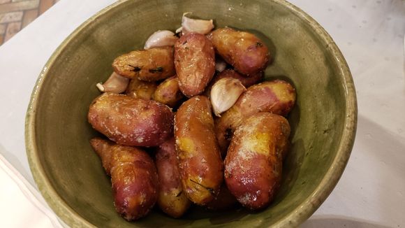 Roasted Weiser Family Farms Magic Myrna potatoes with thyme and garlic
