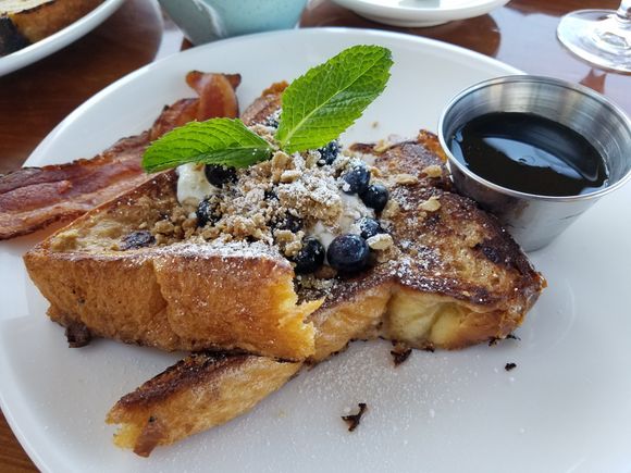 French Toast - creme fraiche, mint, berries, nuts, syrup.  Lighter and fluffier than expected (pleasant surprise) though still quite sweet, despite the unsweetened creme.