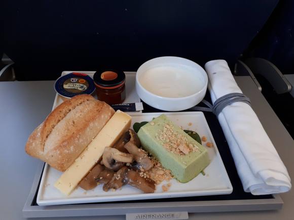 CDG-FRA morning flight. The green dish is a spinach mousse.