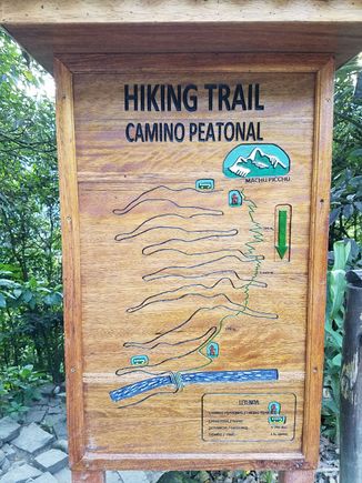 Map shows the road zigzagging through the switchbacks with the hiking trail cutting a swathe straight through to the bottom from the top