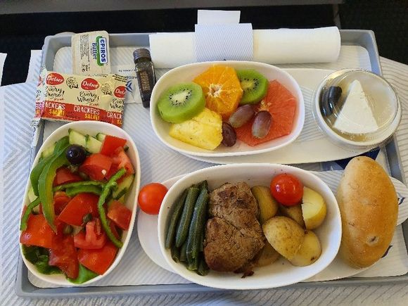 And then the FA reminded me, that I had pre-selected the Halal special meal. Which not only had a different main (quite dry and with a strong beefy smell), but also fruit instead of the halva, which my wife went nuts about and I think it even had different crackers! 