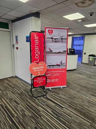 The "expansive" signage at the gate for the commemorative flights.