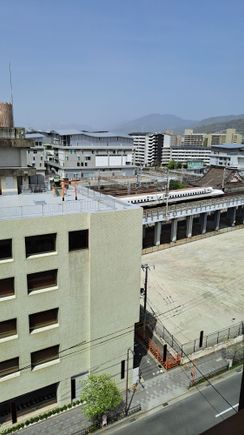 Another view from the Executive lounge. Torii gate on the roof of the building across the street and a shinkansen just  coming out behind the building after leaving Kyoto station a few seconds earlier
