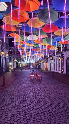 Umbrella street ( at night there was a music and light show to reflect rain ( led lights on the umbrella handles). Lots of Miffy characters as it was a Miffy celebration at HTB
