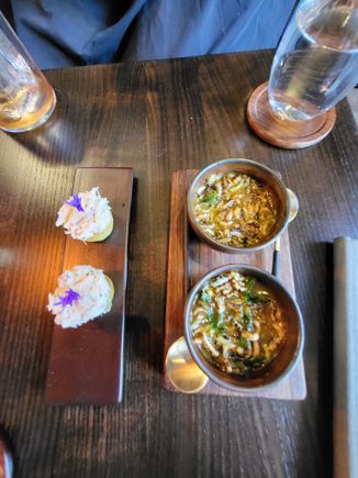 On the right: cured seabass, ginger, radish, mango sauce
On the left: curried crab crumper, lemon gel