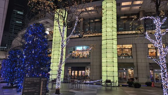 The illuminated pillars ( lit all year ) and trees close to Carreta shiodome and conrad tokyo