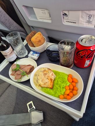 I took another coke and a red wine. The green thing here wasn't the best but was eatable. Meet was chicken and some carrots.