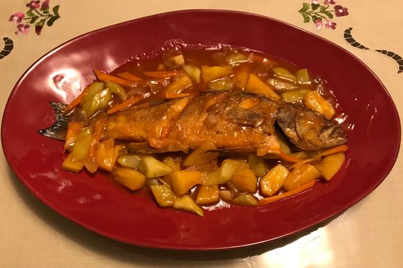 Sweet & sour red garoupa with cucumber , pineapple ..