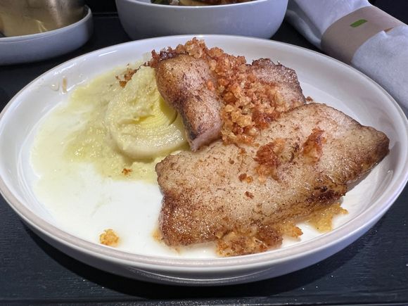 Fluke - braised leek sauce, rosemary potato crumble.  Delicious flavor, everything went well together.