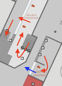 Schengen pax arrive on Z level. They go through the security checkpoint and after clearing go down one more level. The passport control on the right is where they'll go if they want to go to Z and the elevators and border control is open. There is no direct connection between the checkpoint and border control, so they have to go down to A level and come back up again.