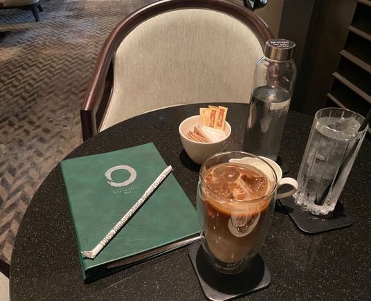 Iced lemon latte and iced alkaline water 