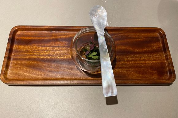 Refreshing seaweed / lettuce , love the finesse with mother of pearl spoon 