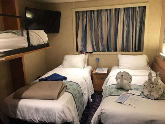 This is an oceanview cabin on a Carnival ship.  The bunk bed for our third adult is on the left side of the picture.  I was standing between the bathroom and closet to take the picture to give you a size perspective.