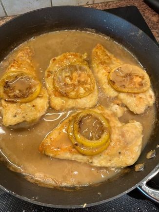 Tried my hand at NYT’s Chicken Francese -the sauce is lemon juice, chicken broth and white wine. 