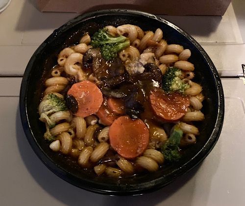 Chicken Marsala. I debated between this and the vegetarian enchiladas and missed the chicken was served with pasta. I’d read some reviews pasta is sometimes overcooked and gummy, but it was surprisingly nice and firm. 