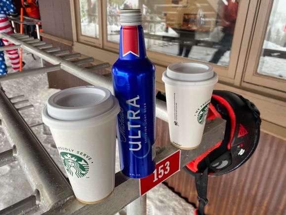No eating or drinking inside without a reservation.  The coffee cooled off quickly but the beer stayed nice and cold 