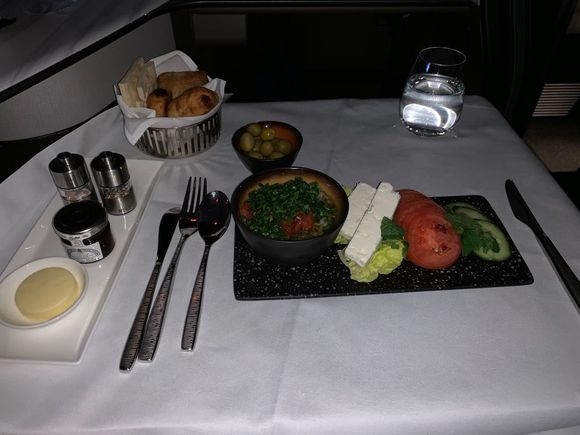 The Arabic breakfast is perfect meal 10+ hrs into flight