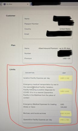 I am pretty sure the Allied insurance capped out at $150/day for the isolation/quarantine facility. However, I was surprised that the following amounts prefilled when I entered our location as the Waldorf. I never followed up on it, and thankfully I never needed it, but it appears that the policy amount adjusted to a daily rate close to the actual Waldorf rates. When I went to print the policy it reverted to $150/day. So the mystery remains whether this policy would cover the whole Waldorf stay.