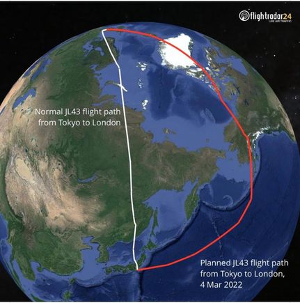 From Flightradar24.  Old vs. New Japan Airlines flight path Europe/Japan.