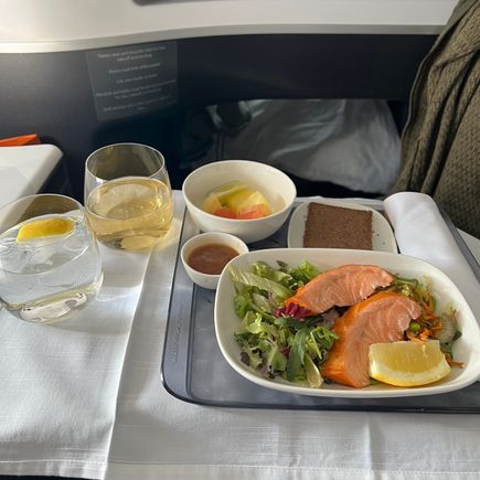 Pre-landing meal - choice was hamburger or salmon salad. The salmon was good - not overcooked. The fruit was odd and I thought that was a slice of banana bread, it wasn't, and it wasn't good either. 