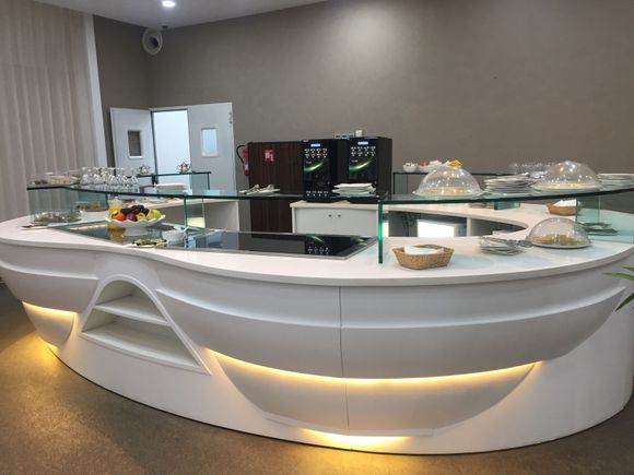 Cold food  shown from breakfast.  They also had a small hot lunch buffet which was nice served around midday.  Coffee, tea and soft drinks available. 