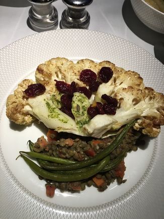 This wasn’t a success. Dry and tasteless, the cauliflower was very difficult to cut. F cabin PHL - LHR in early August. 
