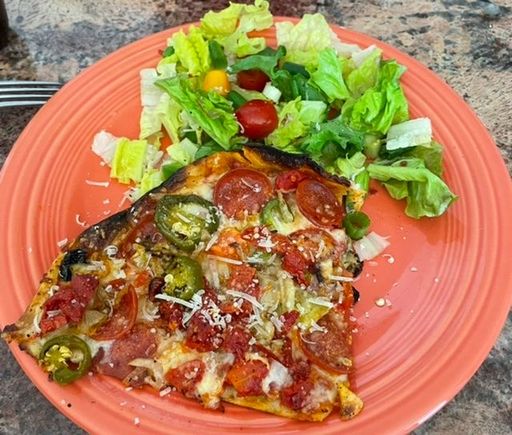 Leftover Fired Pie (similar to Blaze) pizza. I get the “build your own,” so I can load it up. I recently discovered that it’s close to the Costco, so it will probably be a two stop trip from now on!