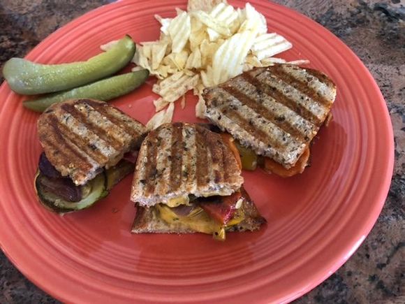 Had some leftover grilled balsamic veggies, so got out the griddler and cheese and made sandwiches. 