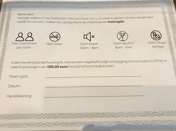 Seperate letter of declaration for local guests: no hookers and trendy lachgas "Nitrous oxide" allowed!